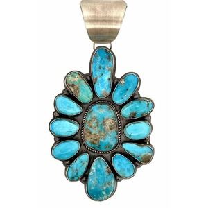 Native American Massive Turquoise Pendant Sterling Silver Signed LP